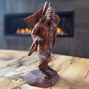 Vintage Folk Art Asian Traveler/Farmer Hand Carved Wooden Figurine, No Staff